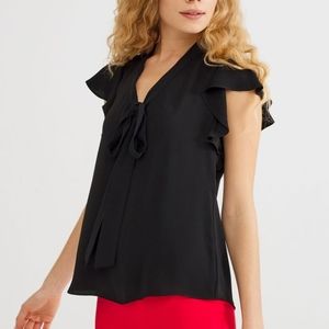 adL ruffle tie v neck sleeveless siyah blouse S Small